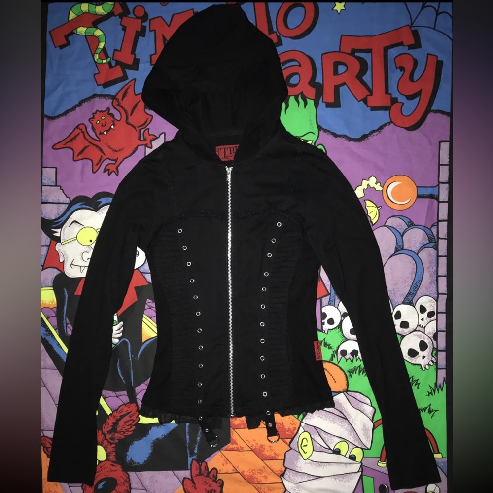 Tripp NYC Hoodie Full Zip Sweater Jacket Size M Straps, Lace Details